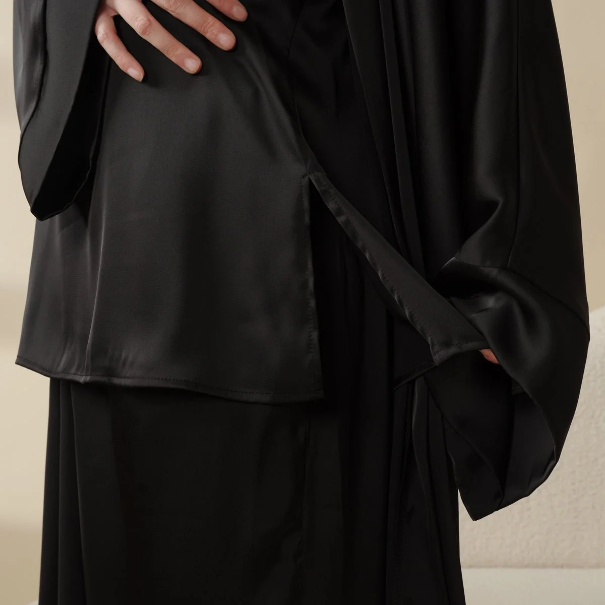 Luxury Satin Modest Abaya Set 4-Piece – Elegant Open Abaya, Top, Pants & Matching Hijab(MOA034) - Image 16