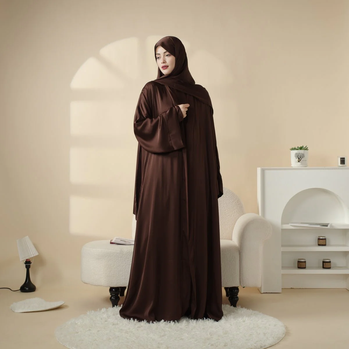 Luxury Satin Modest Abaya Set 4-Piece – Elegant Open Abaya, Top, Pants & Matching Hijab(MOA034) - Image 18