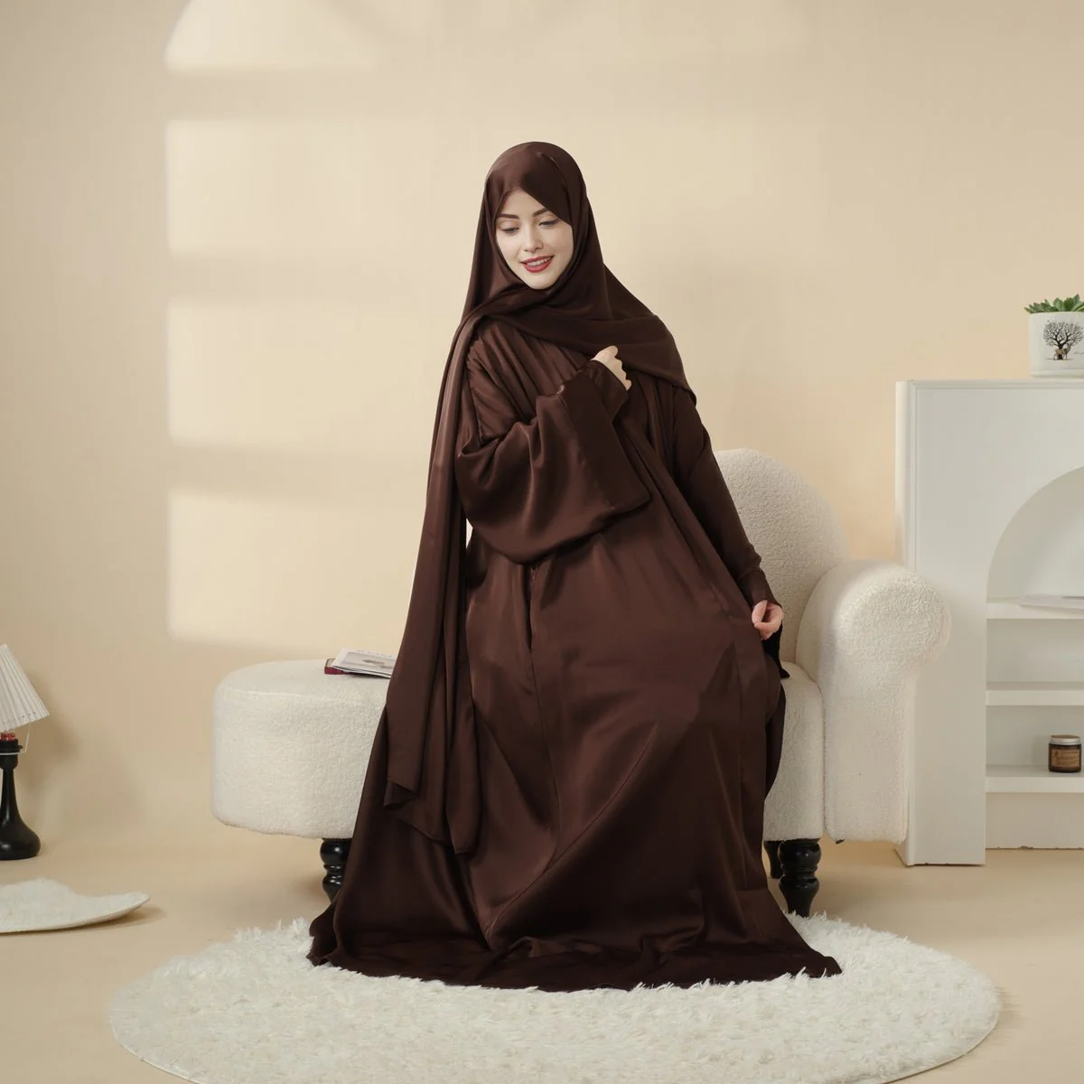 Luxury Satin Modest Abaya Set 4-Piece – Elegant Open Abaya, Top, Pants & Matching Hijab(MOA034) - Image 19