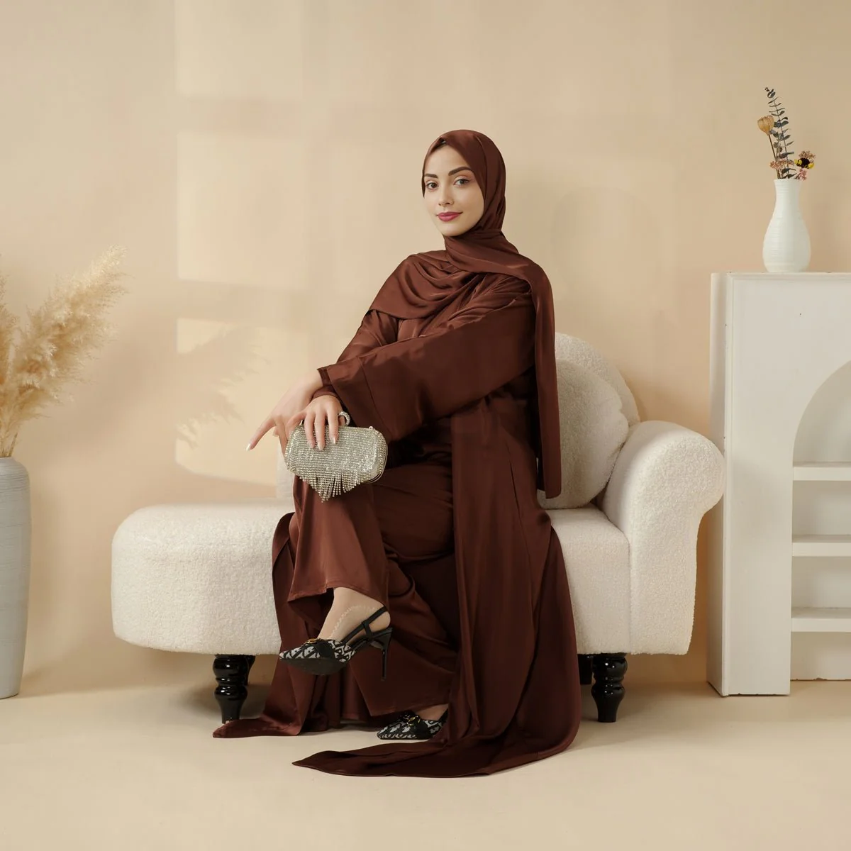 Luxury Satin Modest Abaya Set 4-Piece – Elegant Open Abaya, Top, Pants & Matching Hijab(MOA034) - Image 4