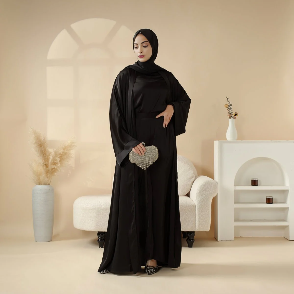 Luxury Satin Modest Abaya Set 4-Piece – Elegant Open Abaya, Top, Pants & Matching Hijab(MOA034) - Image 5