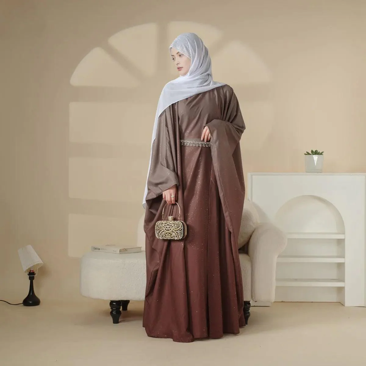 Glitter Gradient Polyester Abaya Set 4-Piece (MOA036) - Image 10