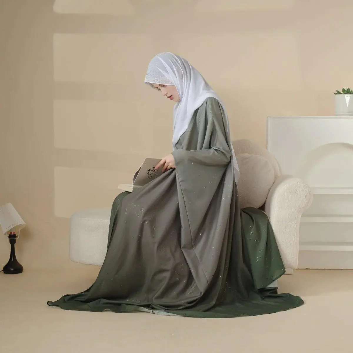 Glitter Gradient Polyester Abaya Set 4-Piece (MOA036) - Image 11