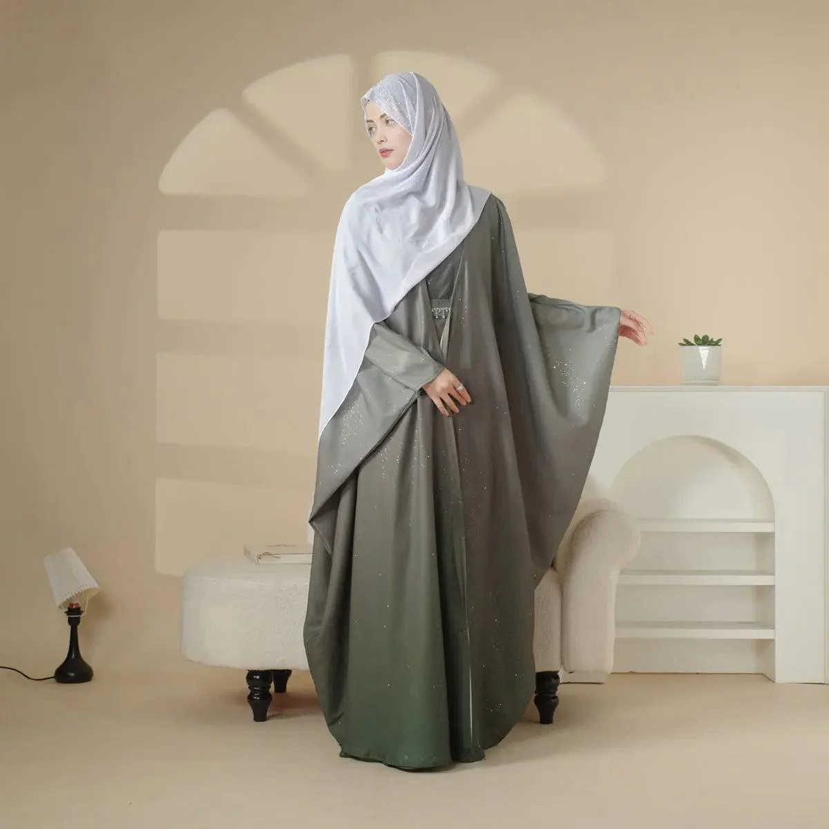 Glitter Gradient Polyester Abaya Set 4-Piece (MOA036) - Image 12