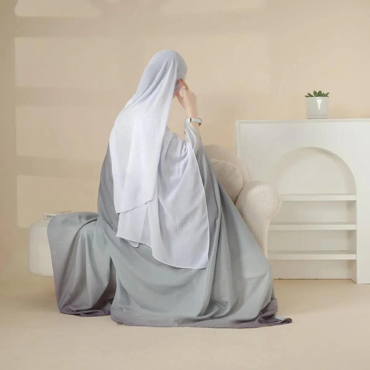 Glitter Gradient Polyester Abaya Set 4-Piece (MOA036) - Image 3