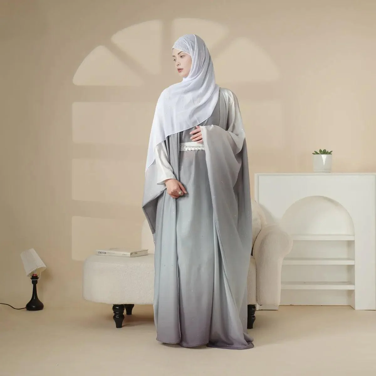 Glitter Gradient Polyester Abaya Set 4-Piece (MOA036) - Image 4