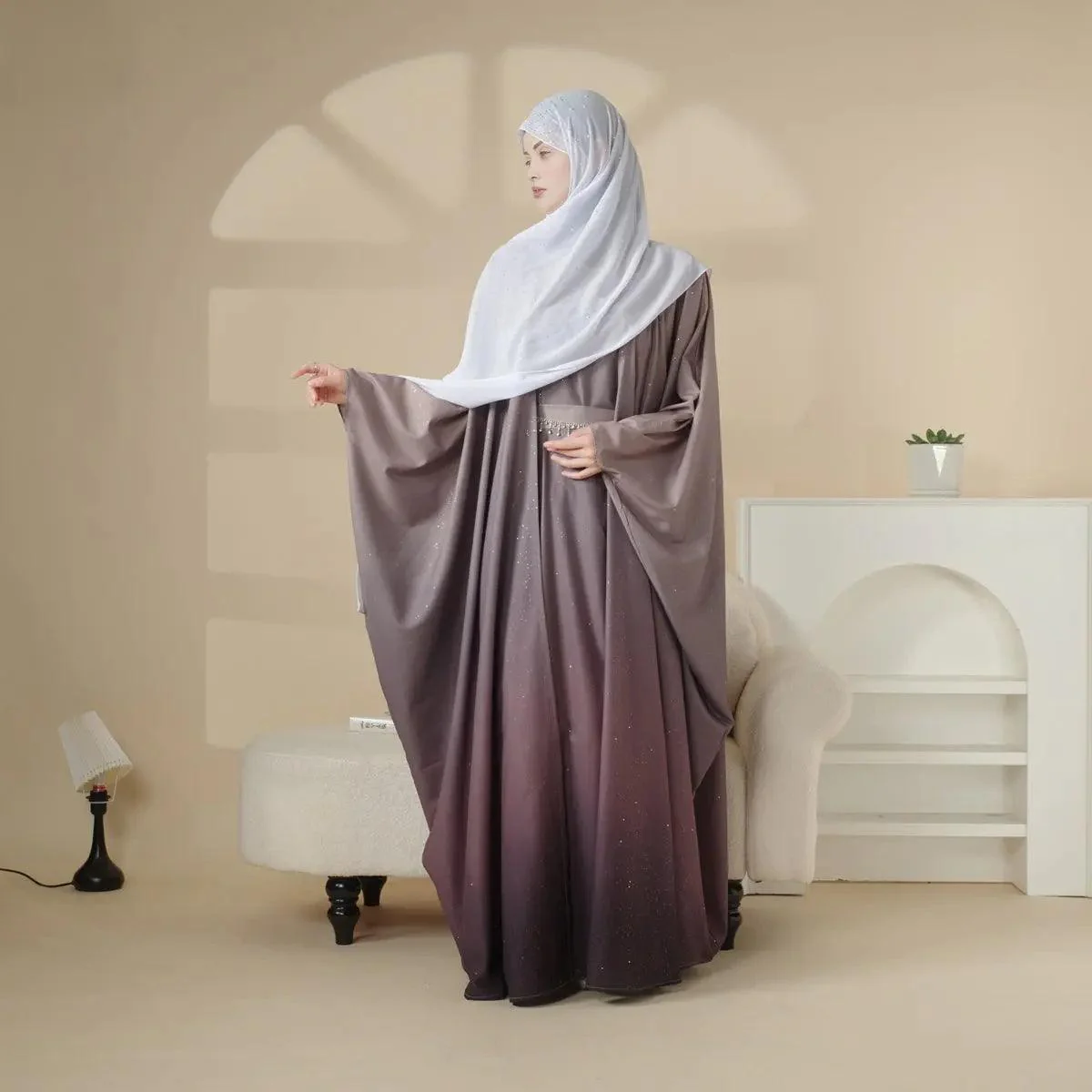 Glitter Gradient Polyester Abaya Set 4-Piece (MOA036) - Image 6
