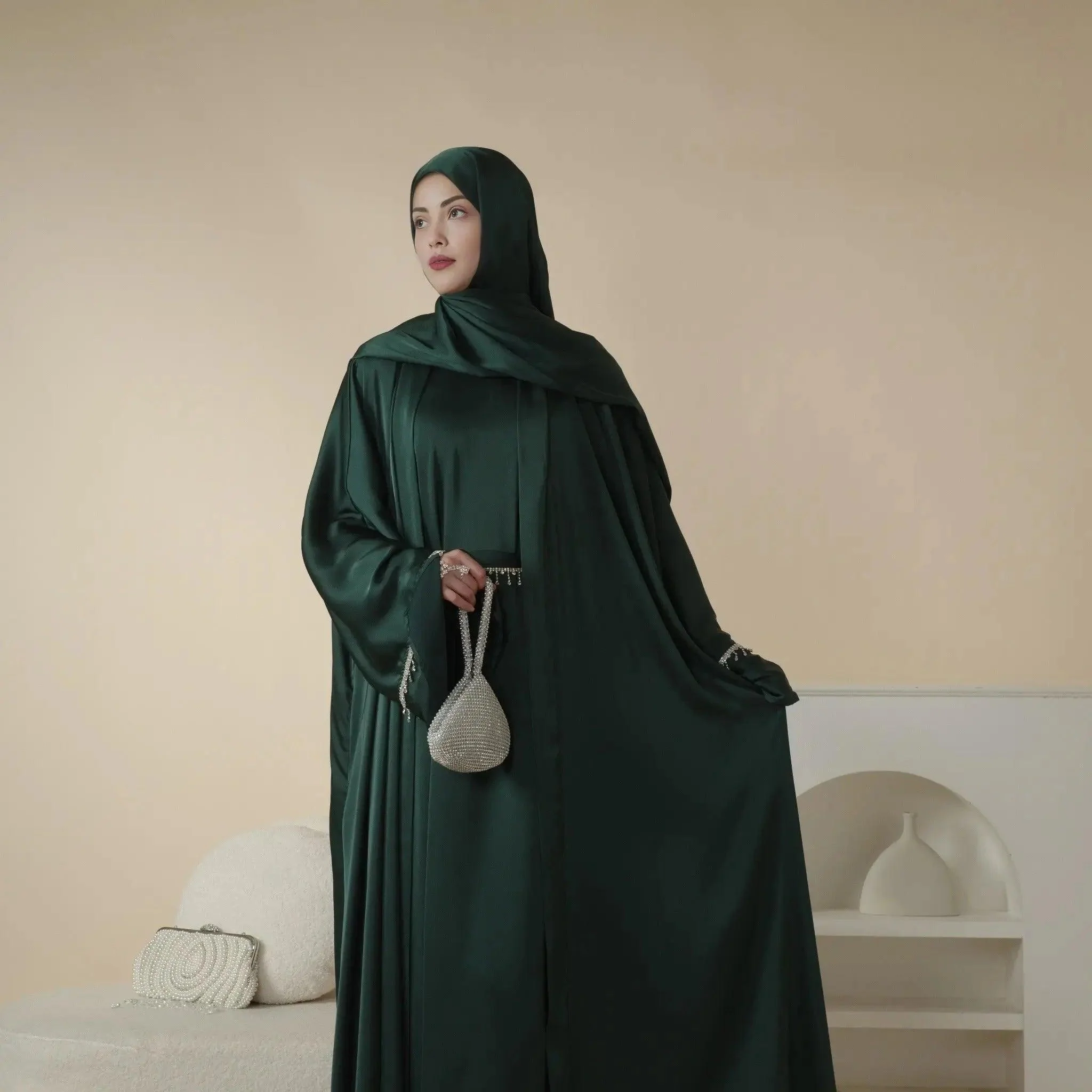 Luxury Satin Abaya With Diamond Tassels Belt,  6-Piece Set (MOA041) - Image 12