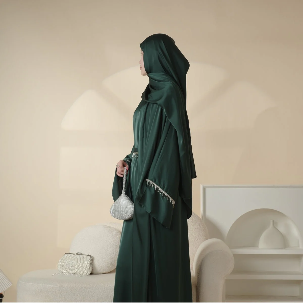 Luxury Satin Abaya With Diamond Tassels Belt,  6-Piece Set (MOA041) - Image 13