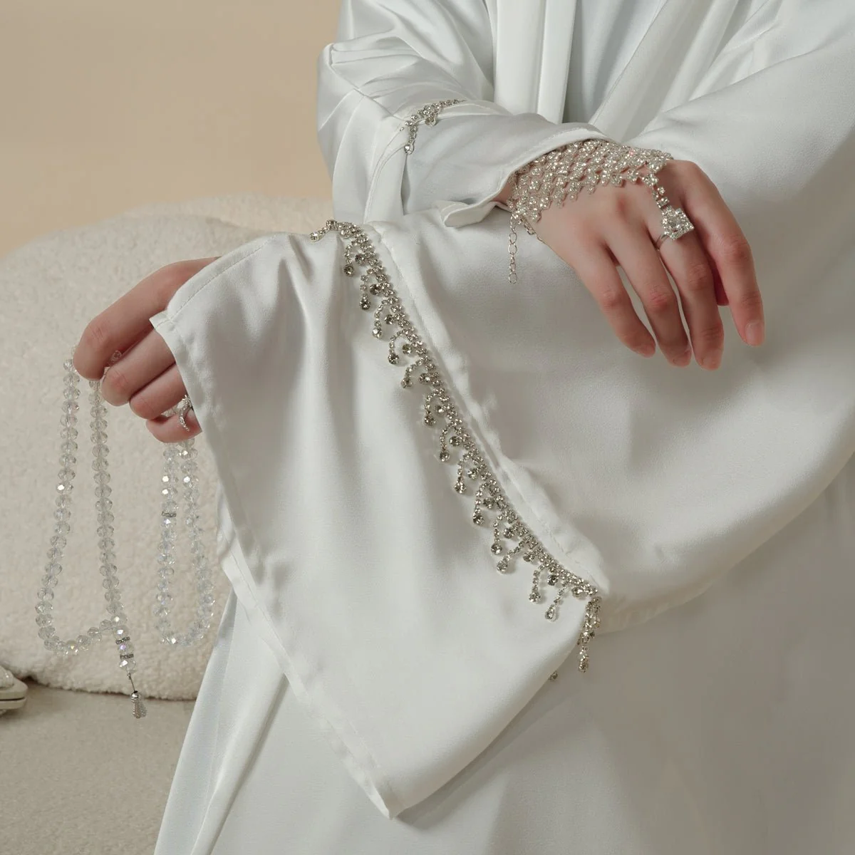 Luxury Satin Abaya With Diamond Tassels Belt,  6-Piece Set (MOA041) - Image 19
