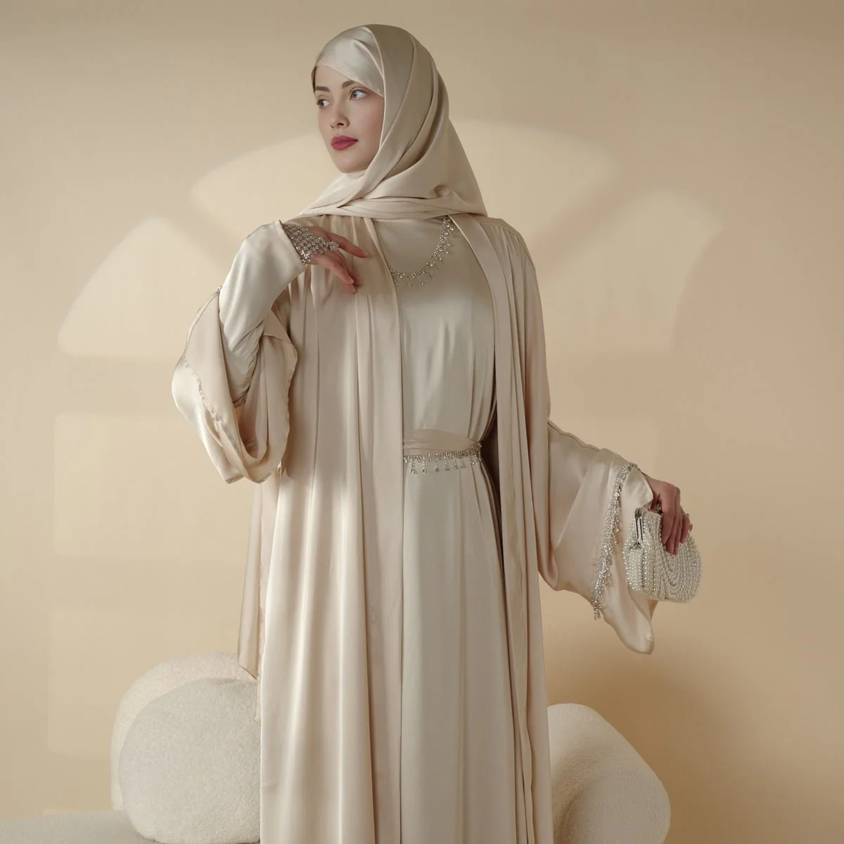 Luxury Satin Abaya With Diamond Tassels Belt,  6-Piece Set (MOA041) - Image 22