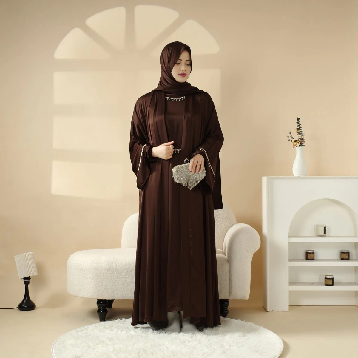 Luxury Satin Abaya With Diamond Tassels Belt,  6-Piece Set (MOA041) - Image 23