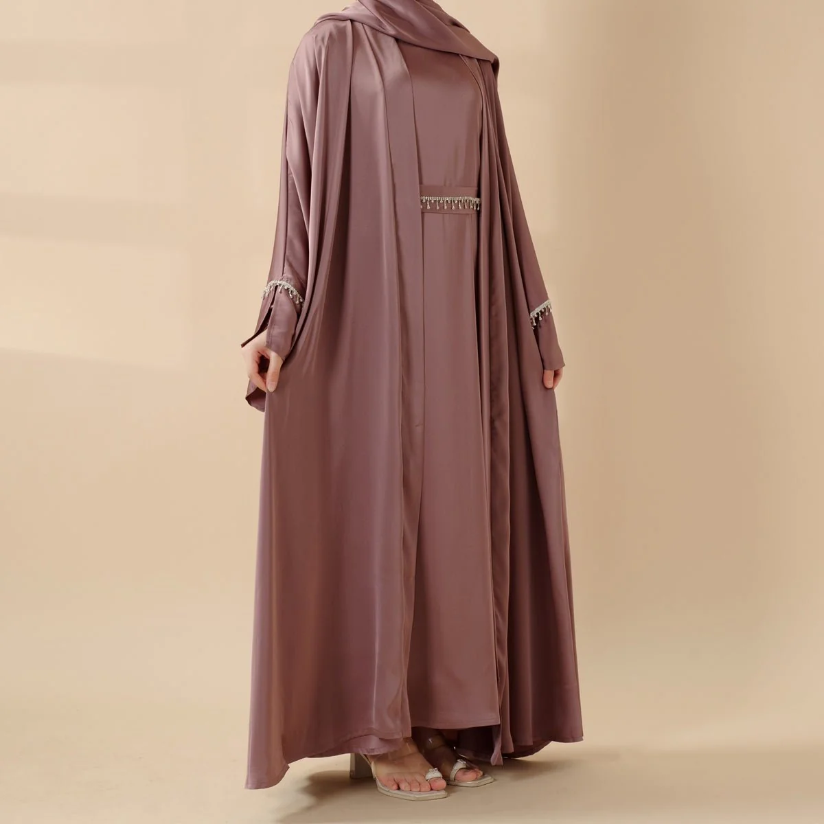 Luxury Satin Abaya With Diamond Tassels Belt,  6-Piece Set (MOA041) - Image 3