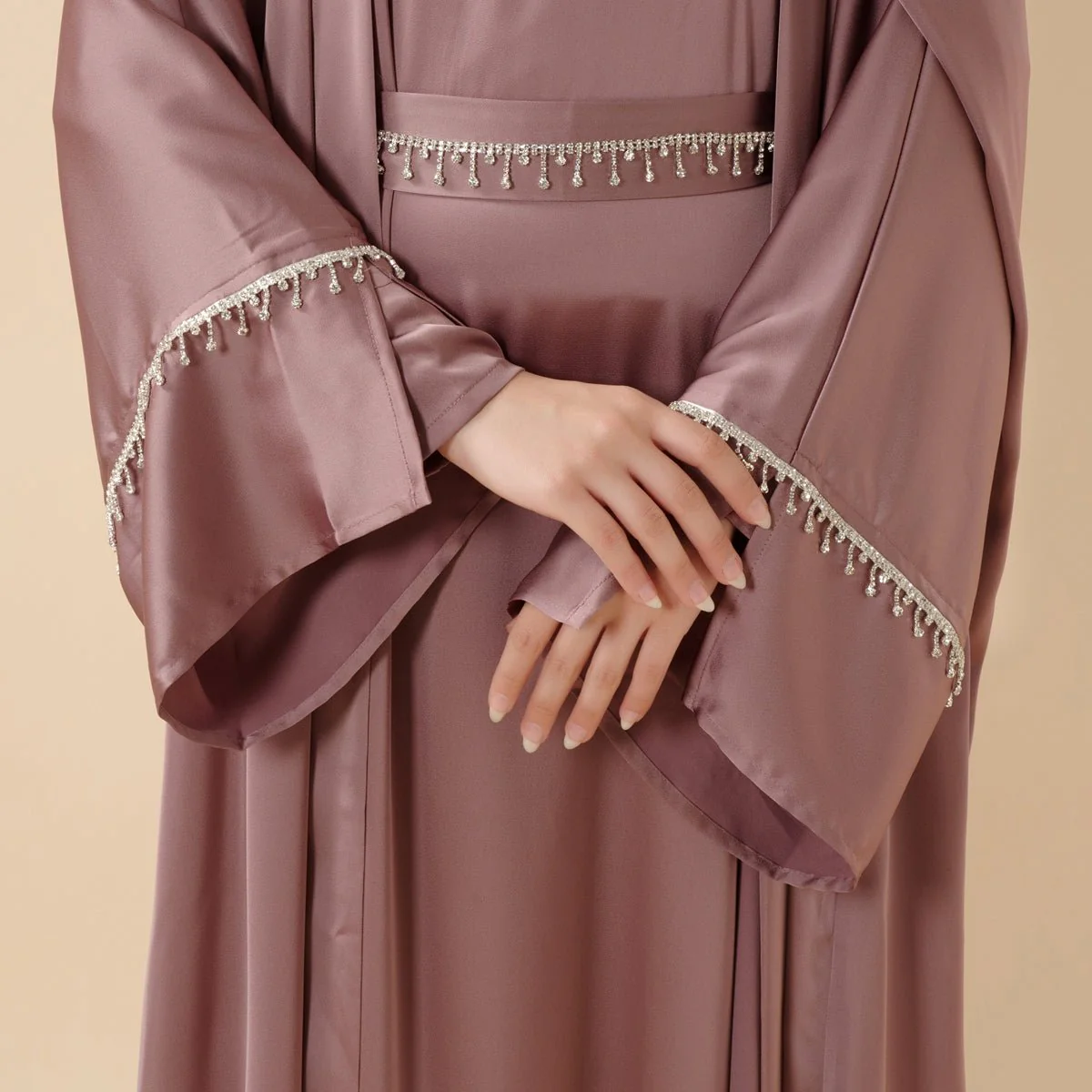 Luxury Satin Abaya With Diamond Tassels Belt,  6-Piece Set (MOA041) - Image 5