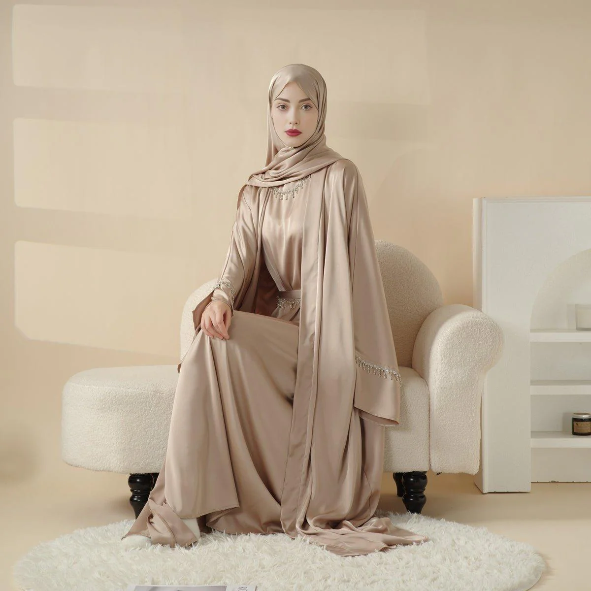 Luxury Satin Abaya With Diamond Tassels Belt,  6-Piece Set (MOA041) - Image 9