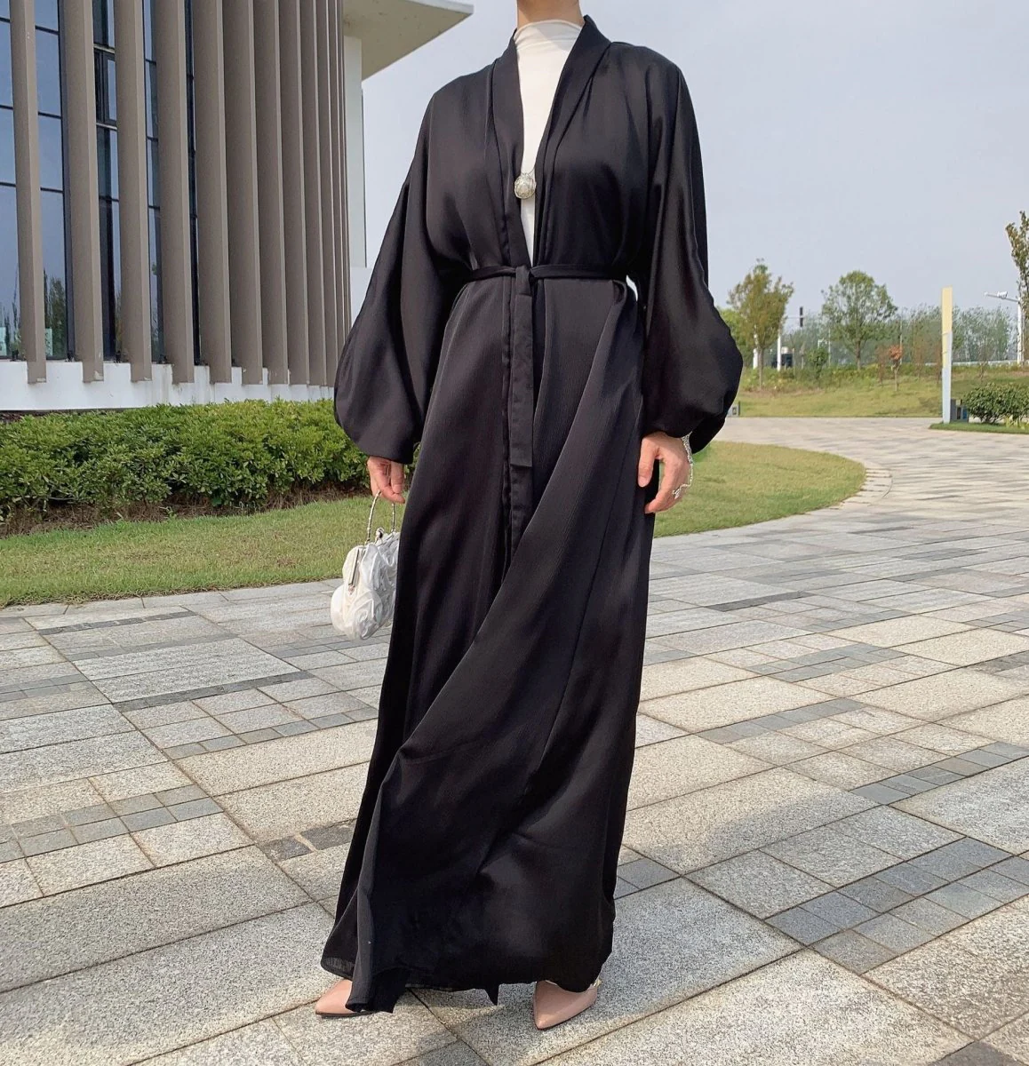 Satin Bunched Sleeve Open Abaya (MOA048) - Image 7