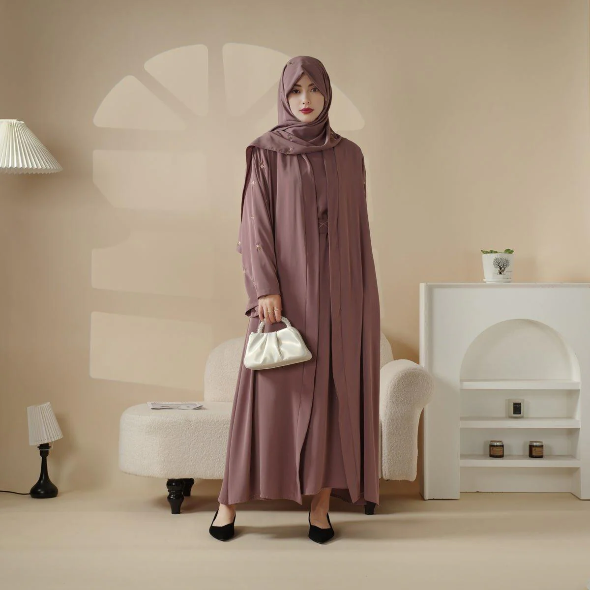 Tulip Embroidery Open Abaya 4-Piece Set (MOA051) - Image 6