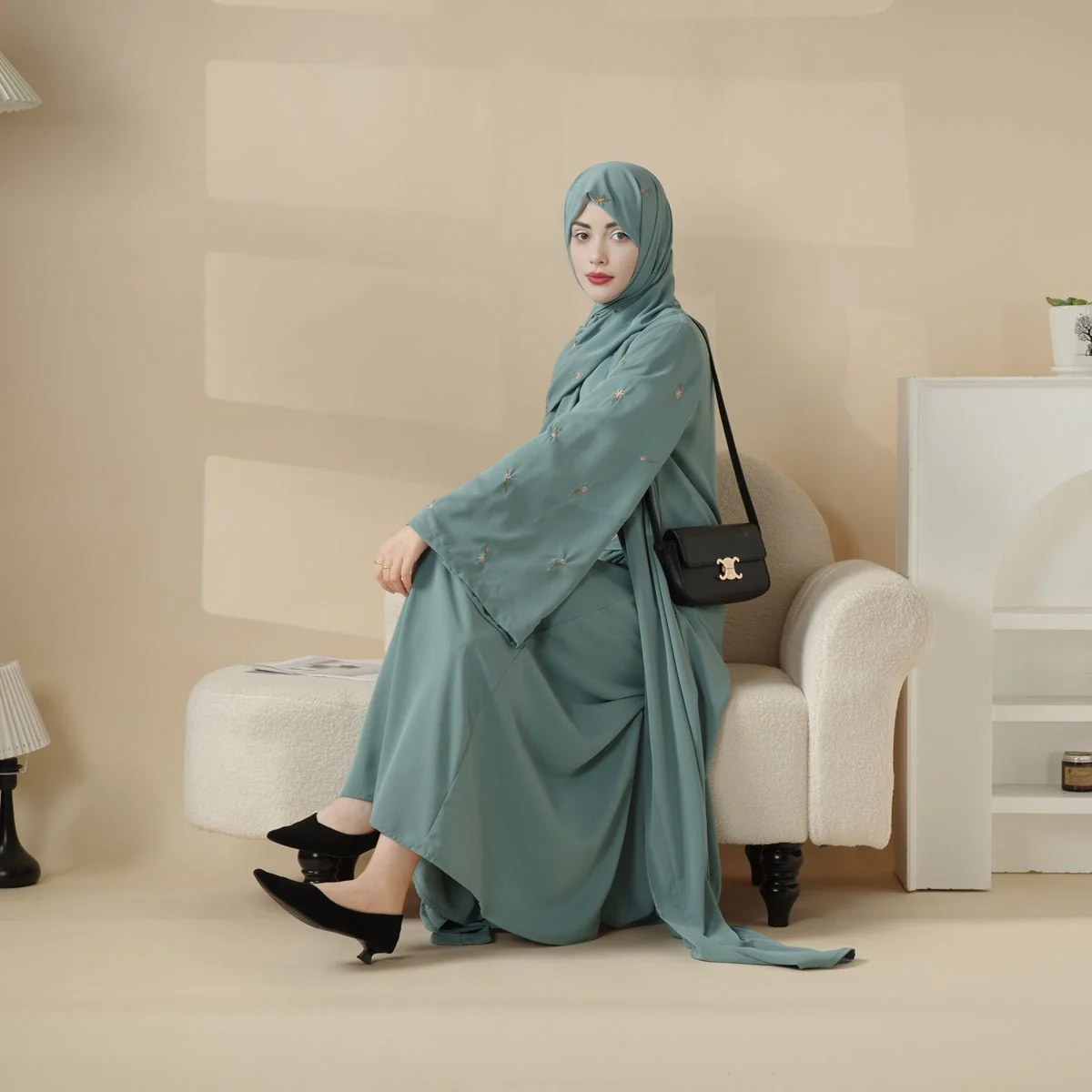 Tulip Embroidery Open Abaya 4-Piece Set (MOA051) - Image 8