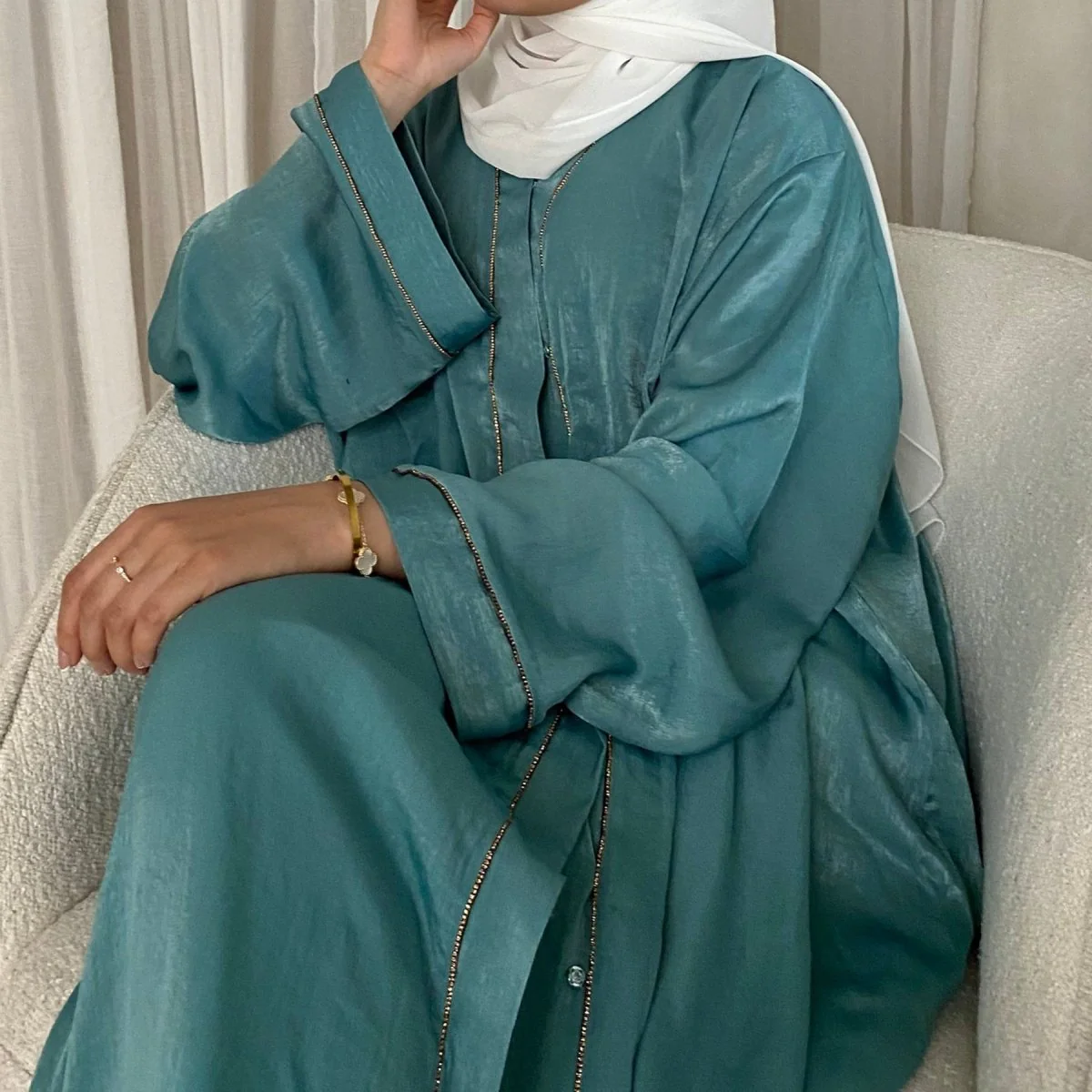 Solid Colour Trimmed Abaya Cardigan 3-Piece Set (MOA055) - Image 10