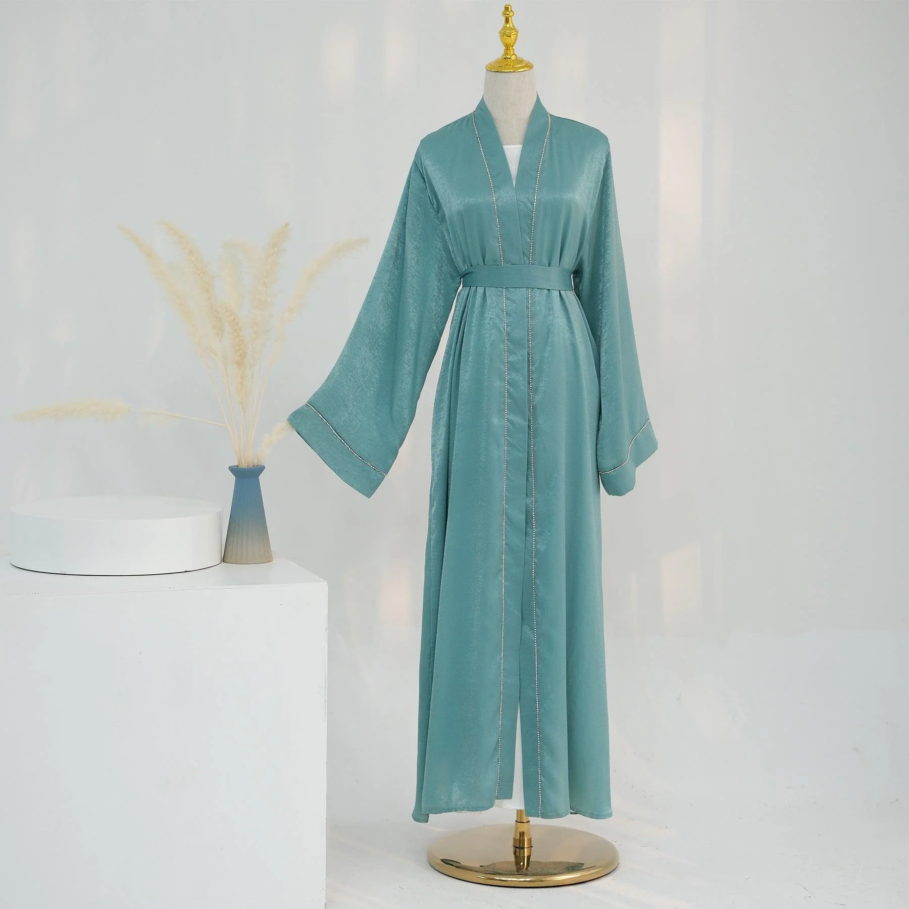 Solid Colour Trimmed Abaya Cardigan 3-Piece Set (MOA055) - Image 3