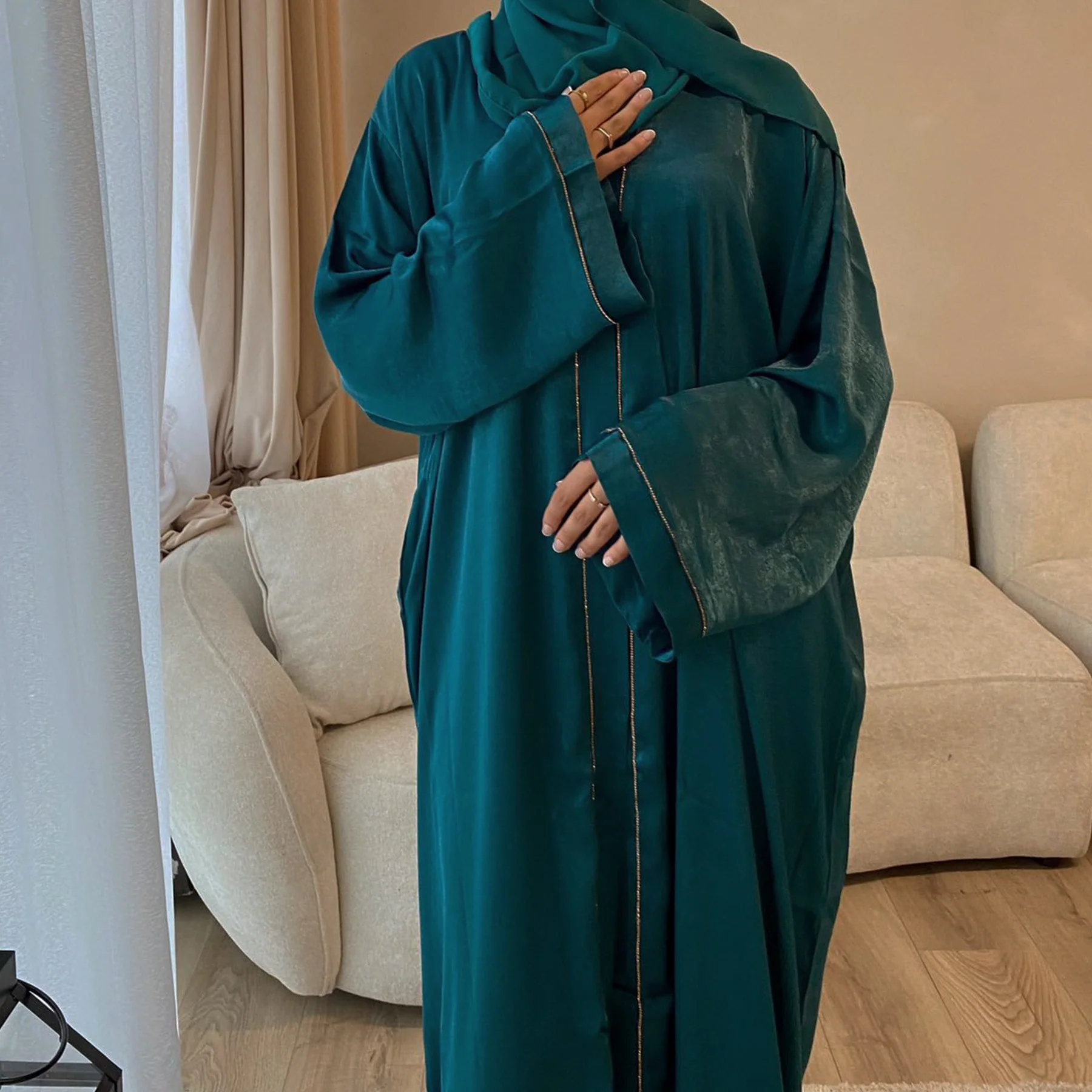 Solid Colour Trimmed Abaya Cardigan 3-Piece Set (MOA055) - Image 9