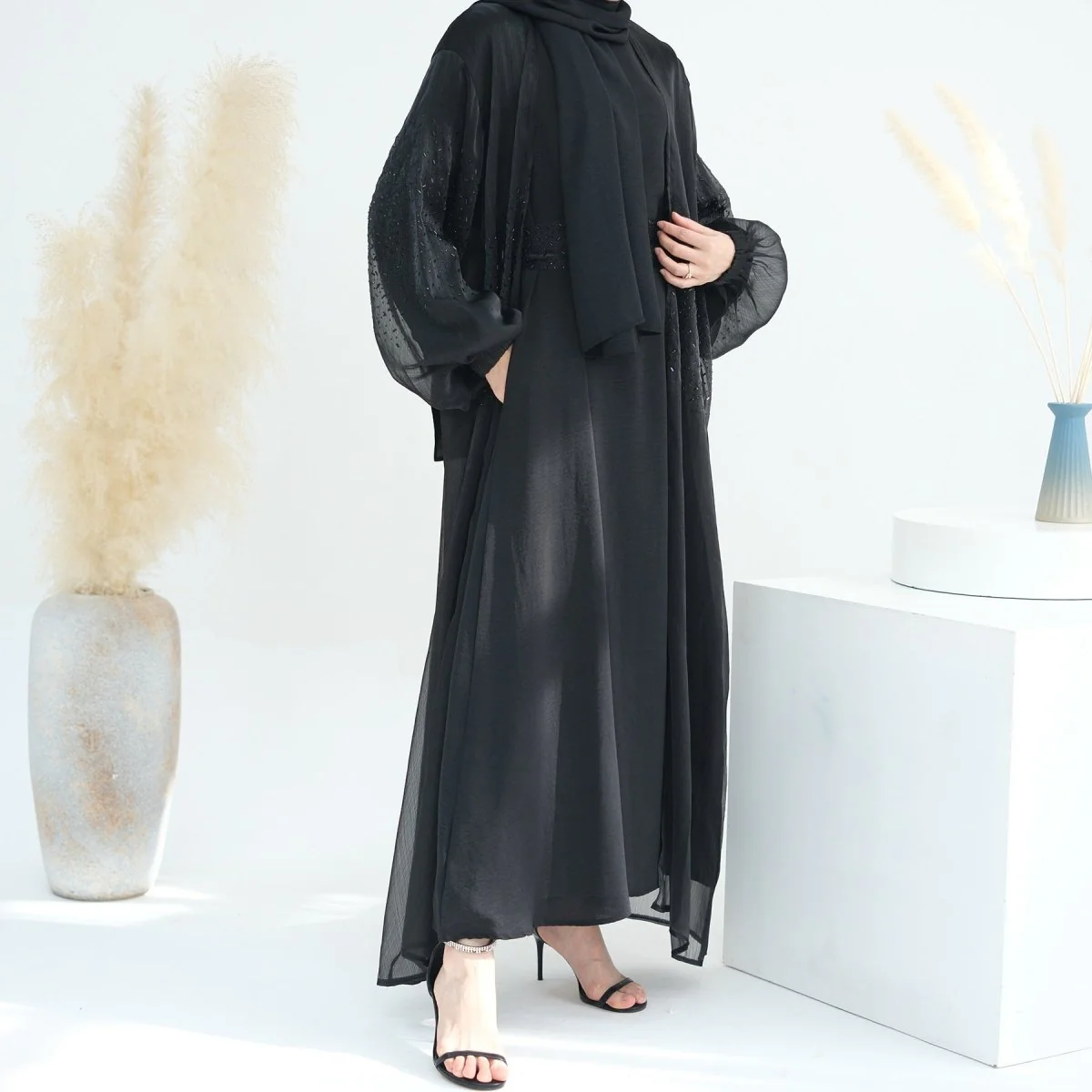 Wave Bubble Sleeve Abaya 4-Piece Set (MOA057) - Image 10