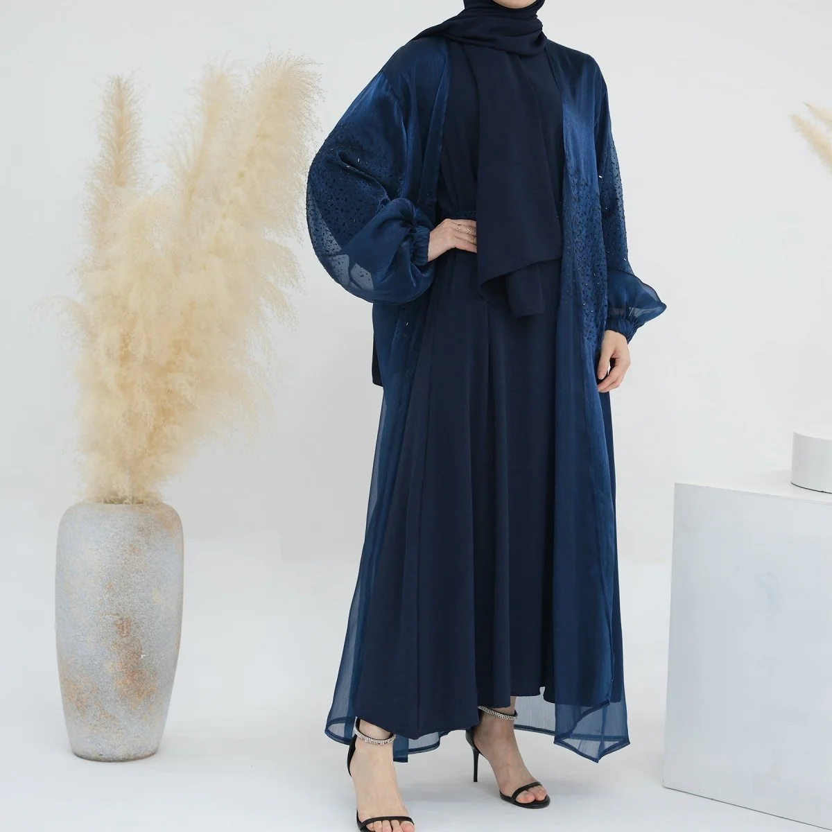 Wave Bubble Sleeve Abaya 4-Piece Set (MOA057) - Image 11