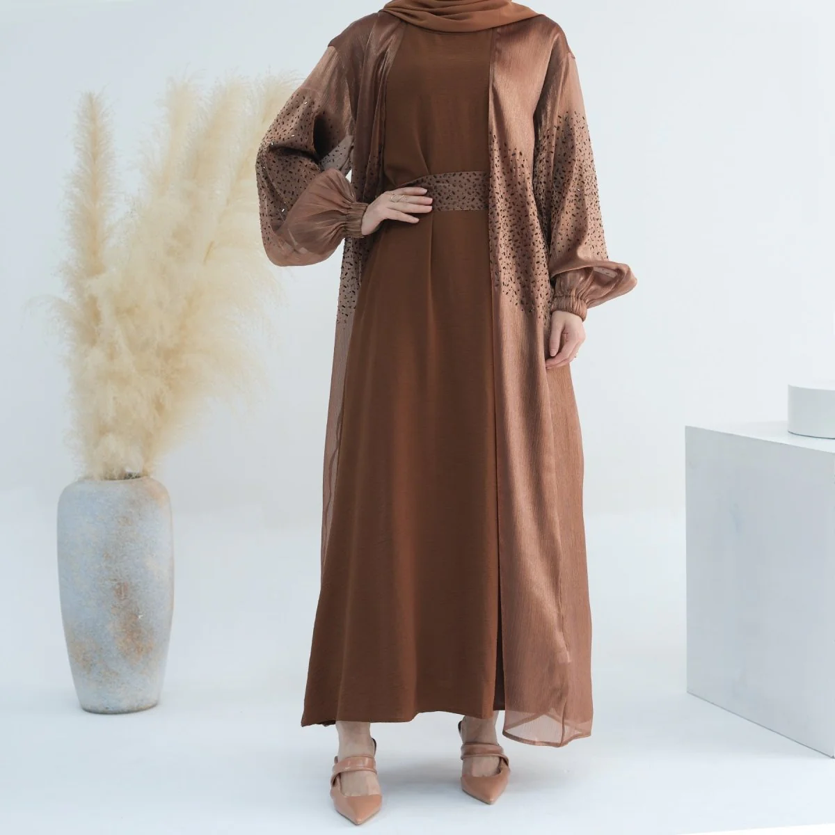 Wave Bubble Sleeve Abaya 4-Piece Set (MOA057) - Image 14