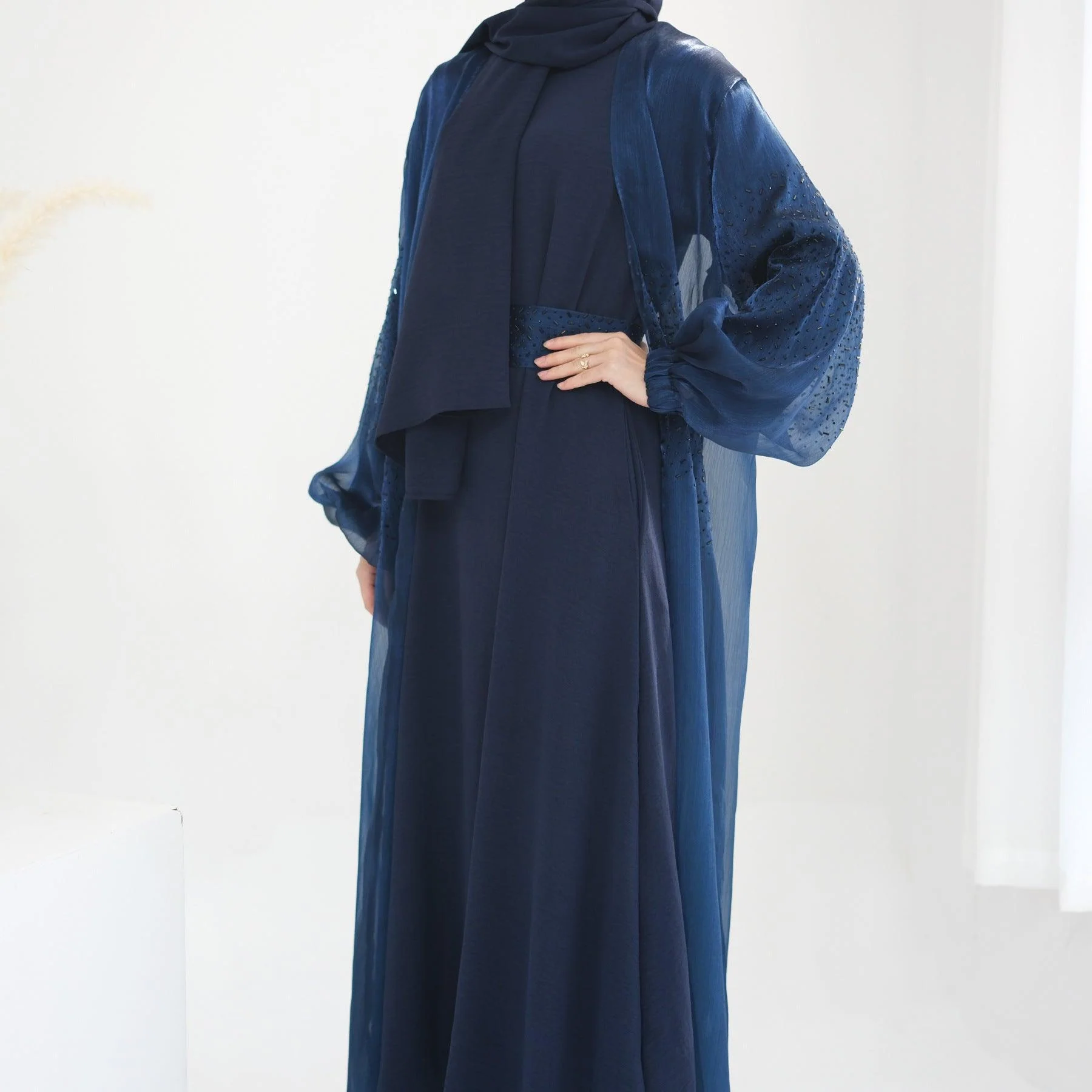 Wave Bubble Sleeve Abaya 4-Piece Set (MOA057) - Image 3