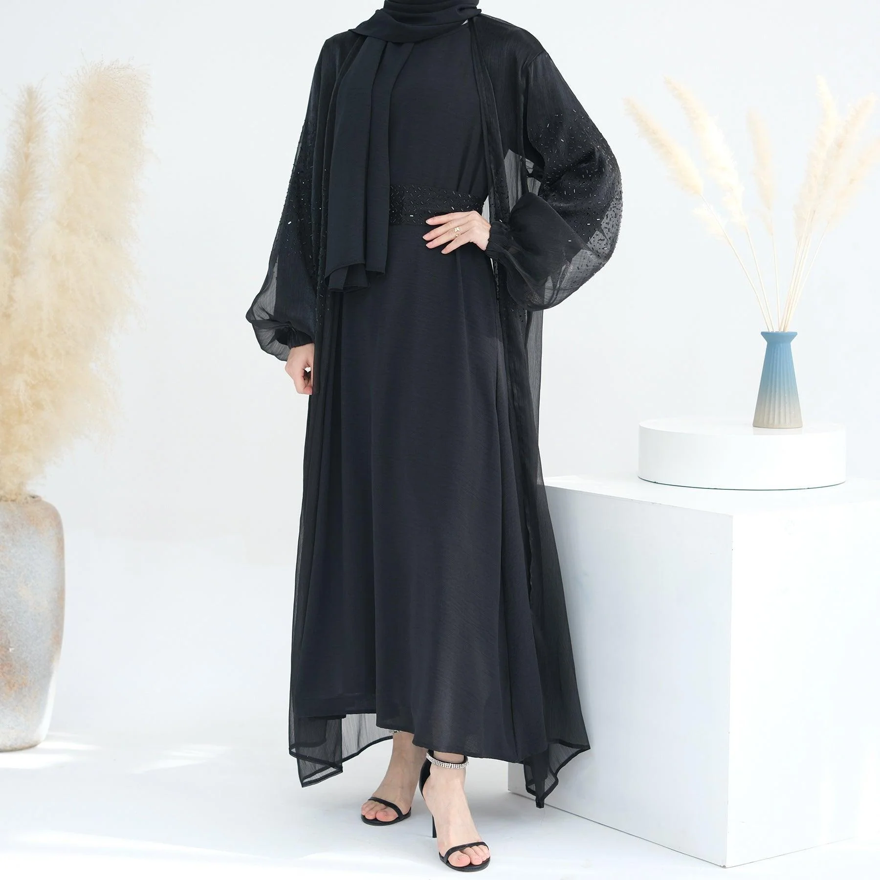 Wave Bubble Sleeve Abaya 4-Piece Set (MOA057) - Image 6