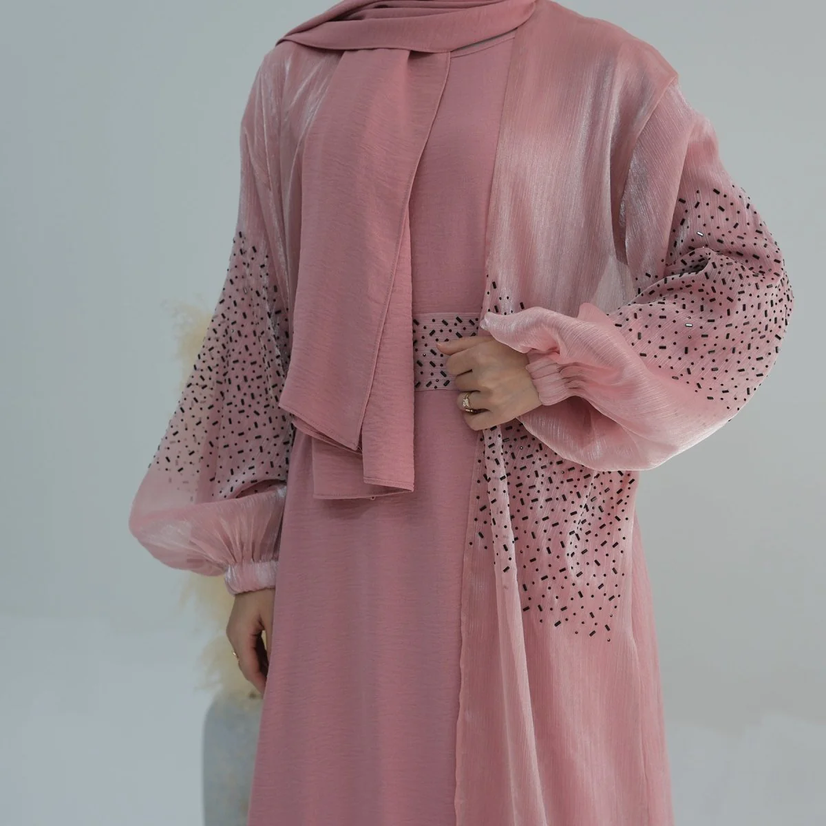 Wave Bubble Sleeve Abaya 4-Piece Set (MOA057) - Image 7