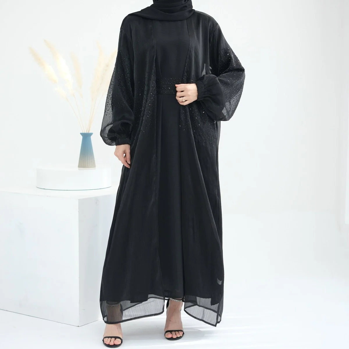 Wave Bubble Sleeve Abaya 4-Piece Set (MOA057) - Image 9