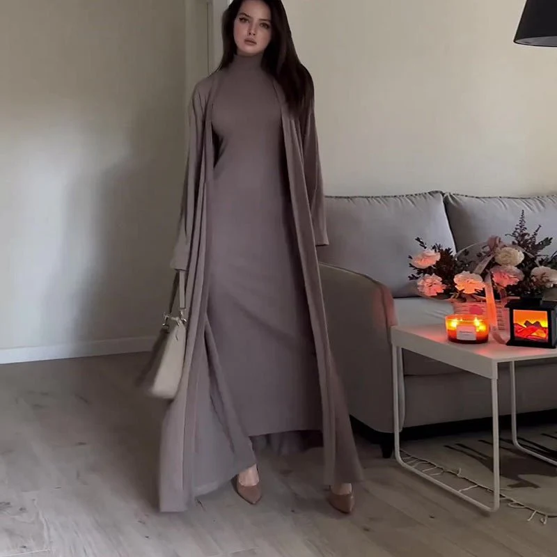 High Neck Casual Slim Shawl Abaya 2-Piece Set (MOA091) - Image 3