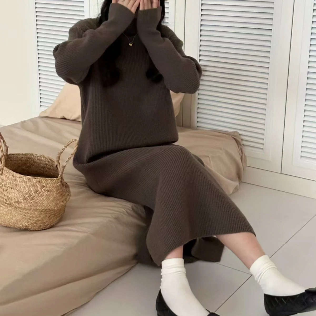 Mock Neck Ribbed Knit Maxi Dress(MS158) - Image 7
