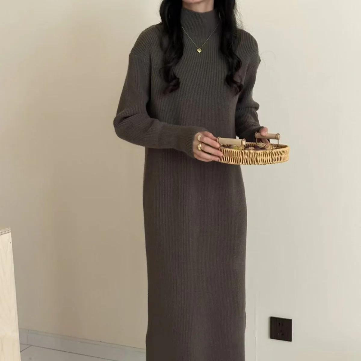 Mock Neck Ribbed Knit Maxi Dress(MS158) - Image 8