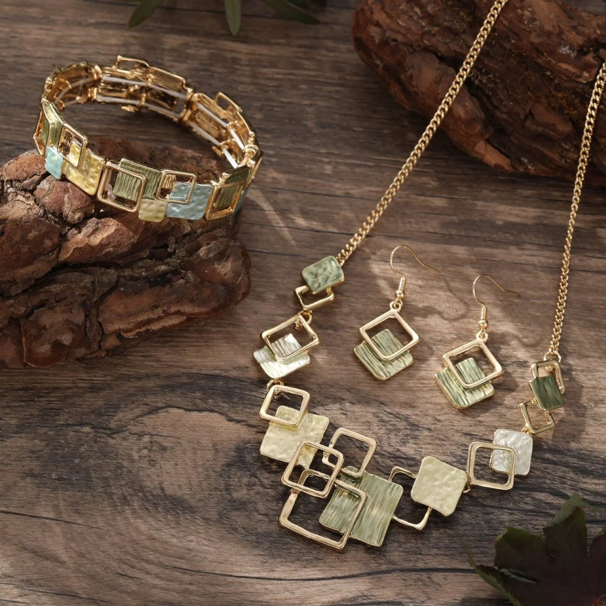 Modernist Geometric Square Earrings Bracelet Necklace Set (MAC318) - Image 2
