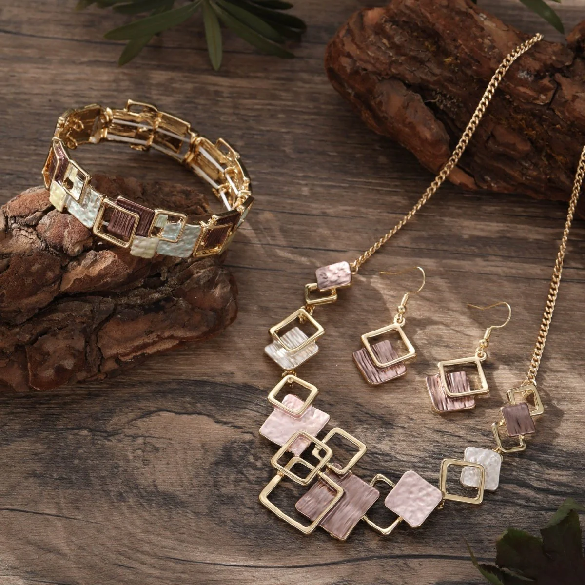 Modernist Geometric Square Earrings Bracelet Necklace Set (MAC318) - Image 3