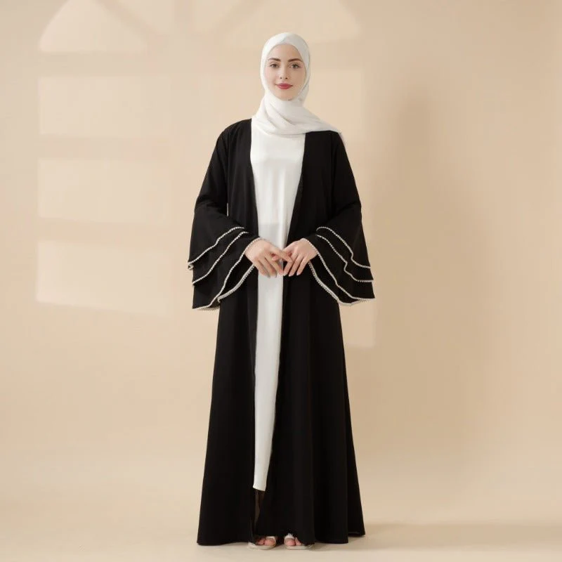 Modest Cardigan Black Robe Beaded Cuff Abaya with Layered Sleeves Elegant Design(MOA136) - Image 2