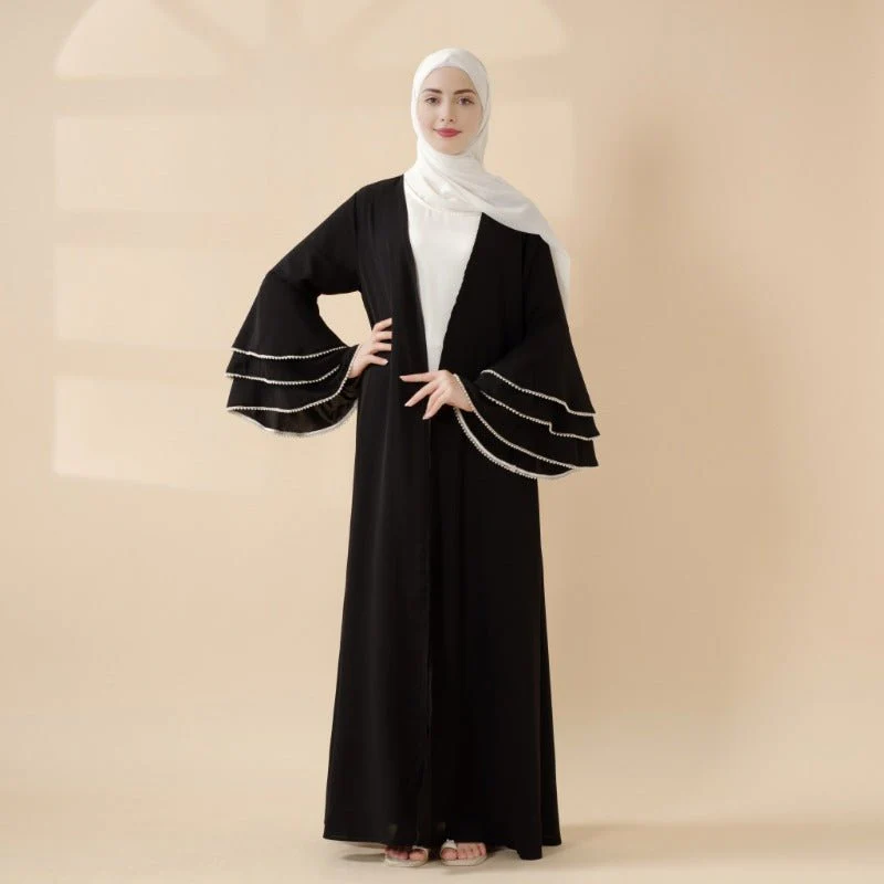 Modest Cardigan Black Robe Beaded Cuff Abaya with Layered Sleeves Elegant Design(MOA136) - Image 3