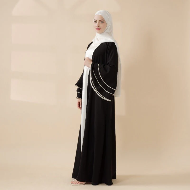 Modest Cardigan Black Robe Beaded Cuff Abaya with Layered Sleeves Elegant Design(MOA136) - Image 4