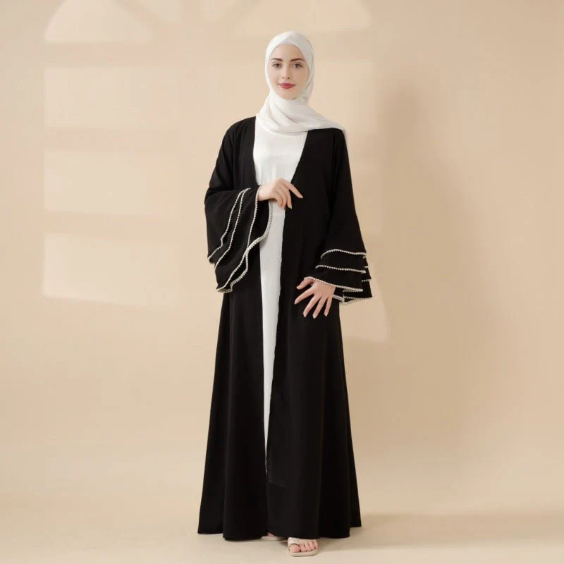 Modest Cardigan Black Robe Beaded Cuff Abaya with Layered Sleeves Elegant Design(MOA136) - Image 5