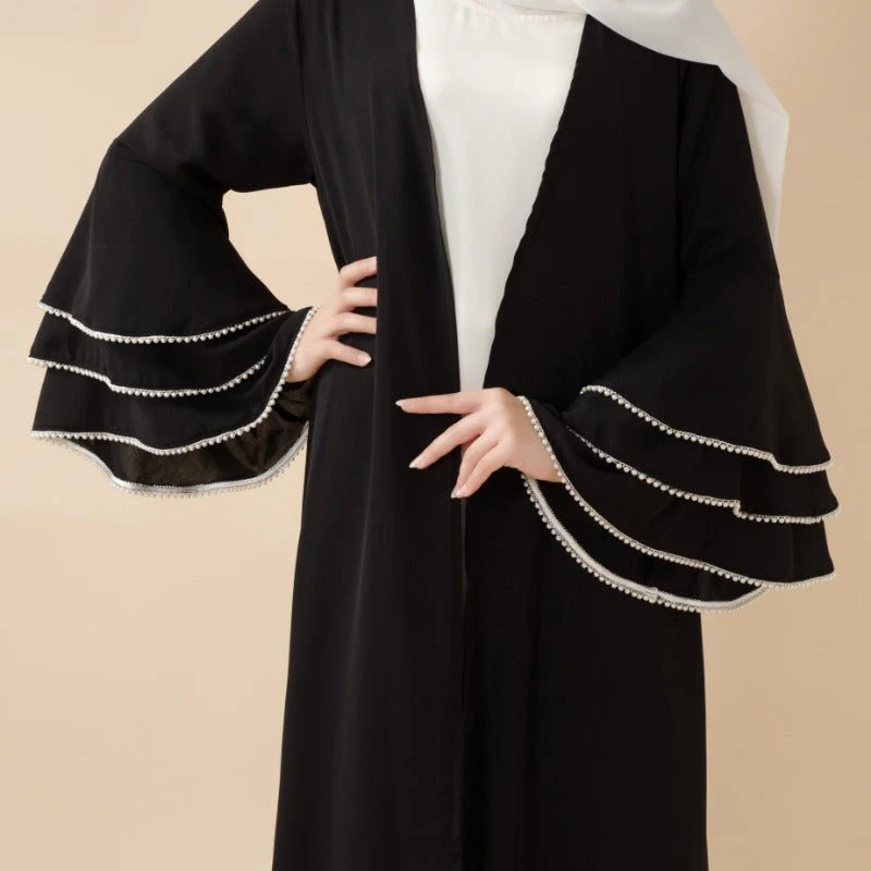 Modest Cardigan Black Robe Beaded Cuff Abaya with Layered Sleeves Elegant Design(MOA136) - Image 7