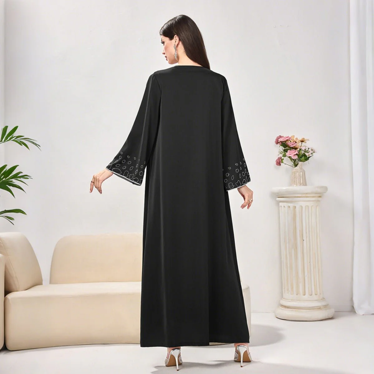 Modest Casual Black Diamond Embellished Loose Dress Abaya (MOA207) - Image 2