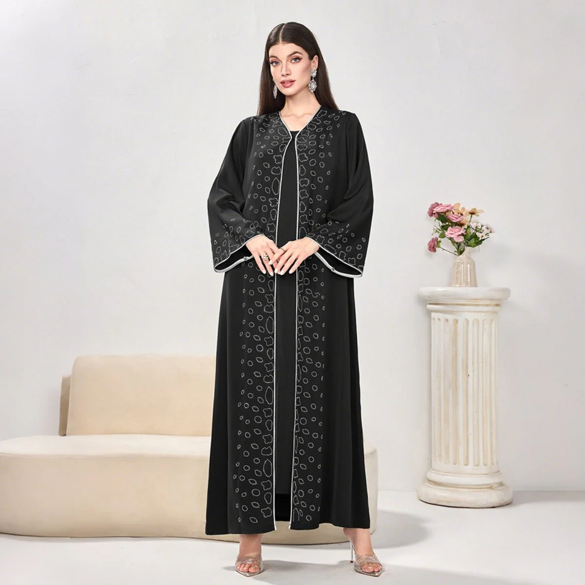 Modest Casual Black Diamond Embellished Loose Dress Abaya (MOA207) - Image 3