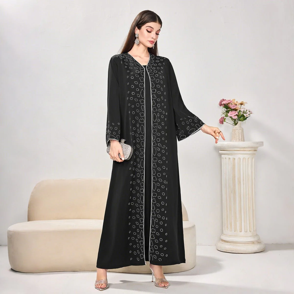 Modest Casual Black Diamond Embellished Loose Dress Abaya (MOA207) - Image 4