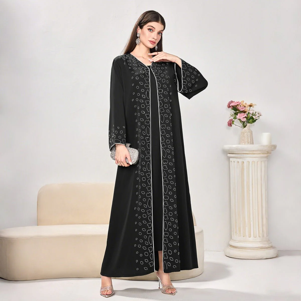 Modest Casual Black Diamond Embellished Loose Dress Abaya (MOA207) - Image 5