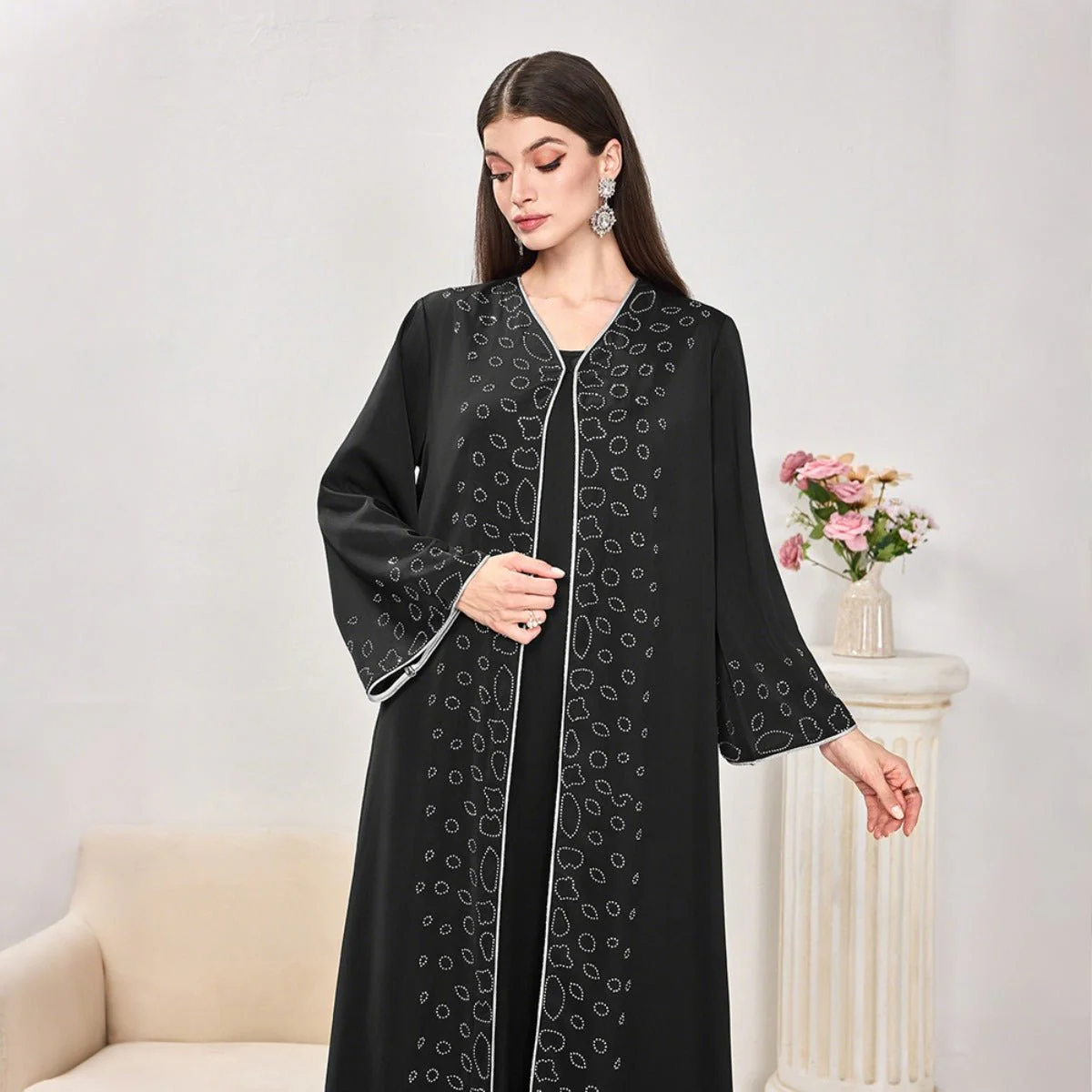 Modest Casual Black Diamond Embellished Loose Dress Abaya (MOA207) - Image 6