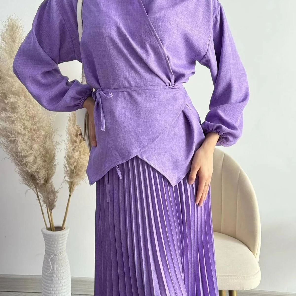 Modest Cross-Wrap Top with Matching Maxi Skirt Pleated Skirt Suit Set (MS092) - Image 11