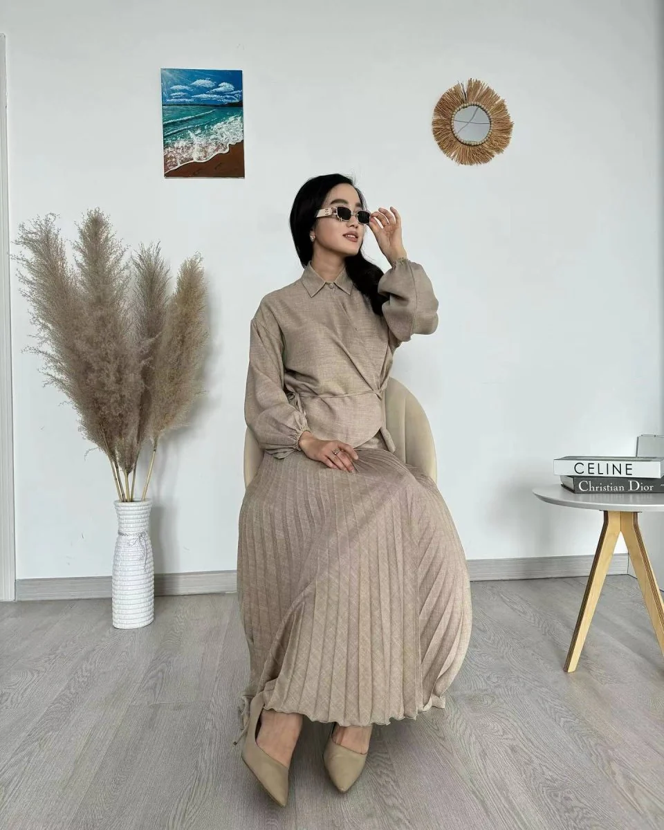 Modest Cross-Wrap Top with Matching Maxi Skirt Pleated Skirt Suit Set (MS092) - Image 12