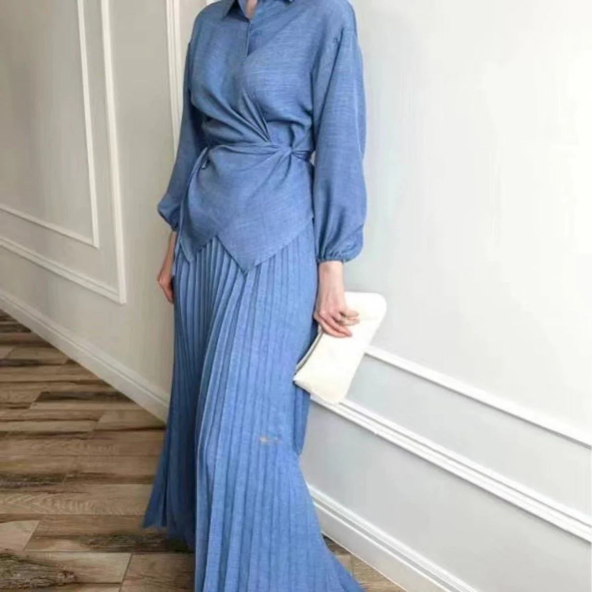 Modest Cross-Wrap Top with Matching Maxi Skirt Pleated Skirt Suit Set (MS092) - Image 3